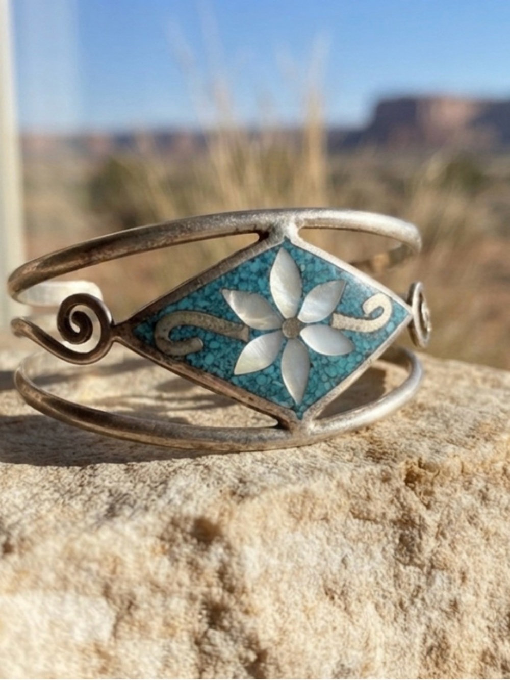 Vintage Alpaca and Turquoise Floral Cuff Bracelet 925 (small)